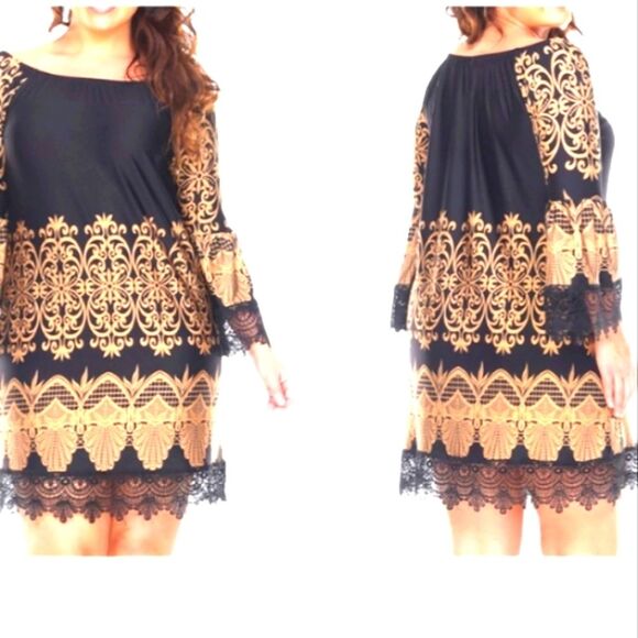 White Mark Plus NWT Alta Gold Black Lace Trimmed Jersey Knit Shift Dress… - Picture 2 of 9